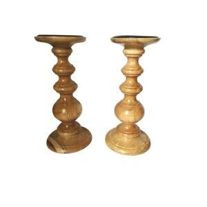 Pair of Turned Wood Pillar Candle Holders 10 1/4" x 4 3/4"